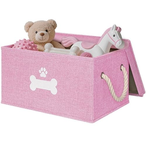 GreenPetopia Dog Toy Basket with Lid, Dog Basket for Toys, Dogs Toy Box with Cotton Rope Handles, Collapsible Storage Bins for Pet Toys, Dogs Storage Organizer, Pink - Image 1