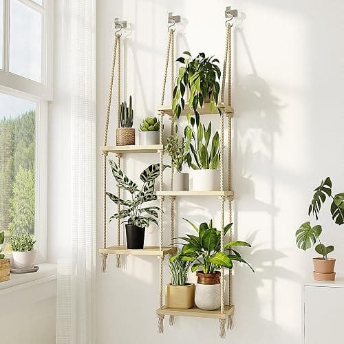 Bamworld Hanging Shelves Plant Hanger Indoor Window Plant Shelves Wood Plant Wall Shelf Window Sill Plant Shelf Indoor Hanging Plant Stand Living Room Decor Garden Boho Decor thumbnail 5