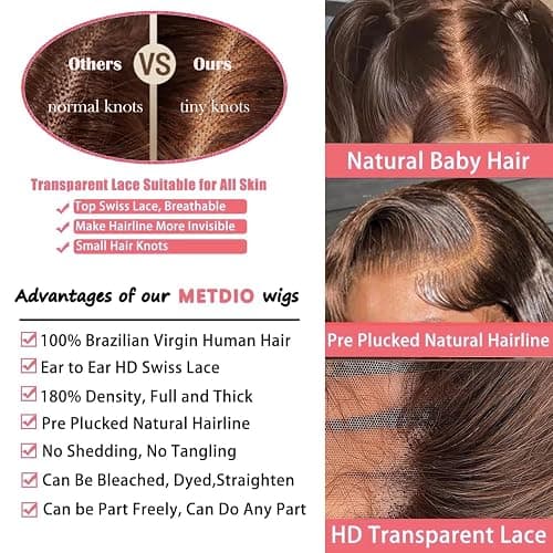 METDIO 26Inch Chocolate Brown 13x6 Body Wave Lace Front Wigs Human Hair Pre Plucked With Baby Hair 180 Density 4# Colored Brown HD Lace Frontal Wigs for Women thumbnail 2