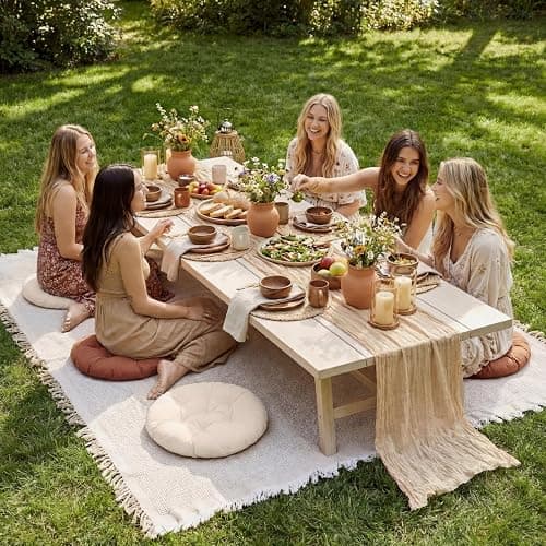 Frienda 91'' x 71'' Extra Large Outdoor Boho Picnic Blanket with Camel Table Runner and 6 Brown Floor Pillows Cushions for Picnic Party Camping Wedding Bachelorette Birthday Baby Shower Backyard Decor thumbnail 2