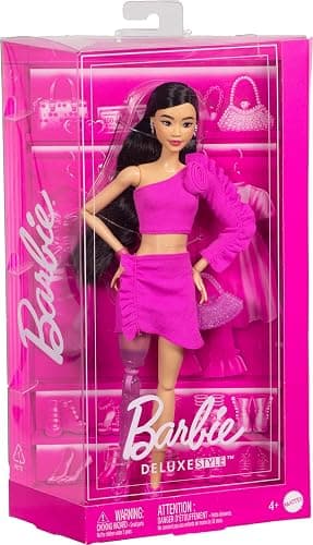 Barbie Deluxe Style Doll #2 in Barbiecore Outfit, Black Hair and Glittery Prosthetic Leg, Pink Top and Skirt Set with Rosette Detail and Accessories thumbnail 7