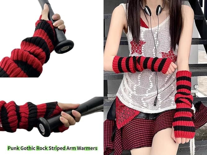 Pangogogo Punk Gothic Rock Striped Arm Warmers Y2k & Emo Accessories (Red) thumbnail 6