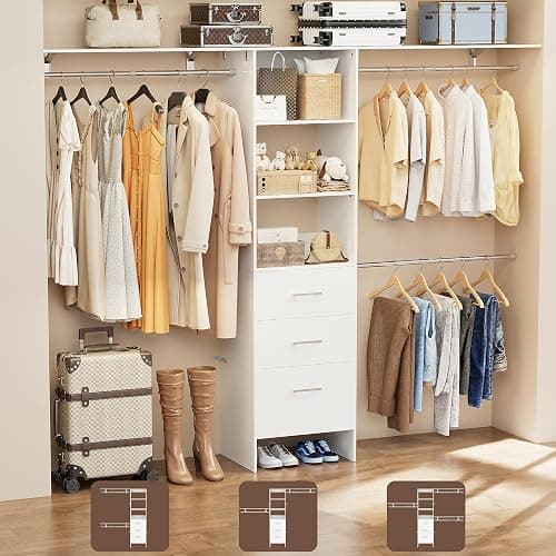 PatioPerk Closet System with Drawers, 8FT Walk in Closets Organizer with 3 Shelving Towers, 96" Wooden Storage Systems with Hanging Pods, Built-in Garment Rack for Bedroom - Image 1