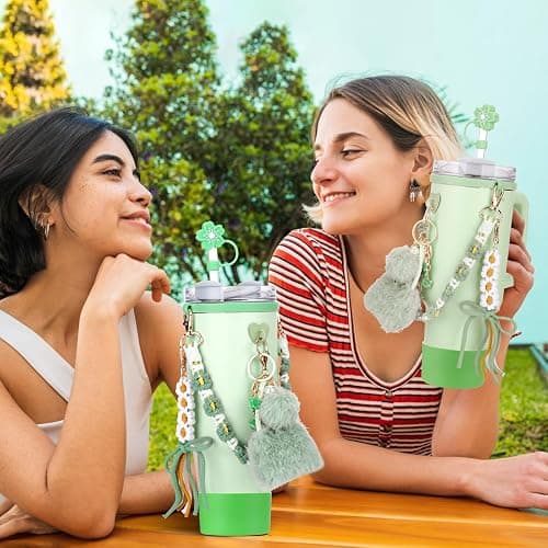 Mity rain 8PCS Cup Accessories Set for Stanley cup 20oz 30oz 40oz tumbler with handle, Including Water Bottle Handle Strap, Straw Topper Cover, Keychain Charms, Boot, Kids Cup Decorate(Green) thumbnail 2