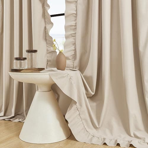 Beige Ruffle Curtains 84 Inches Long 2 Panels Suede Fabric Light Tan Farmhouse Curtains for Living Room Bedroom Rod Pocket Light Filtering Shabby Chic Window Curtains for Girls Nursery Room, 52x84 - Image 1