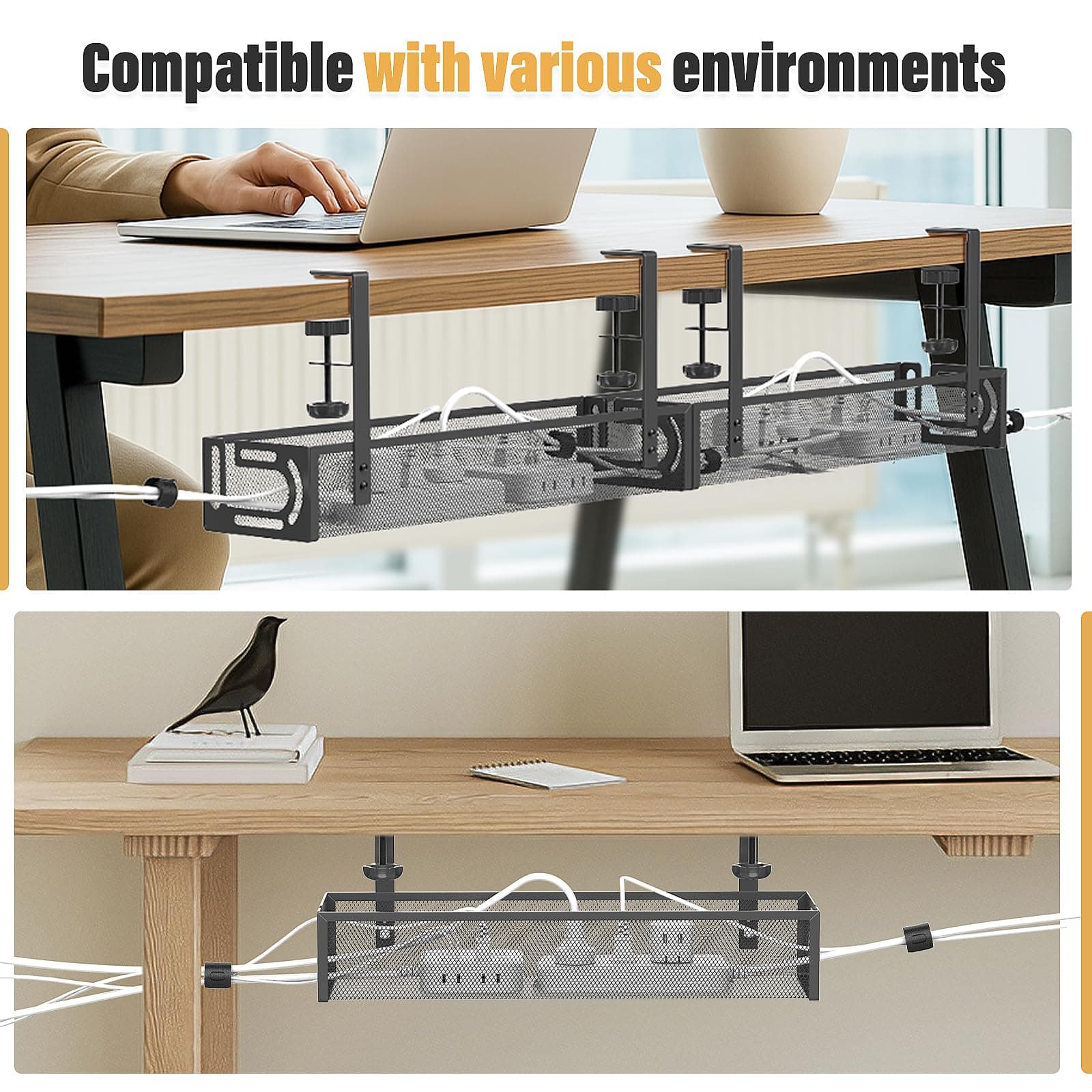 Under Desk Cable Management Tray No Drill, Metal Mesh Cable Tray with Clamp for Desk Wire Management, Desk Cable Management Box and Cord Organizer for Office, Home thumbnail 7