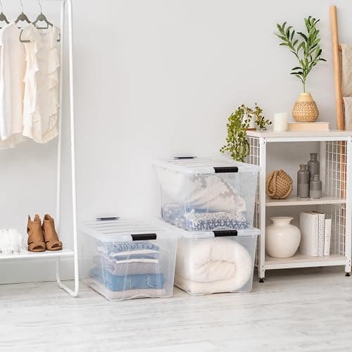 IRIS USA 72 Qt Stackable Plastic Storage Bins with Lids, 6 Pack - BPA-Free, Made in USA - See-Through Organizing Solution, Latches, Durable Nestable Containers, Secure Pull Handle - Clear thumbnail 8