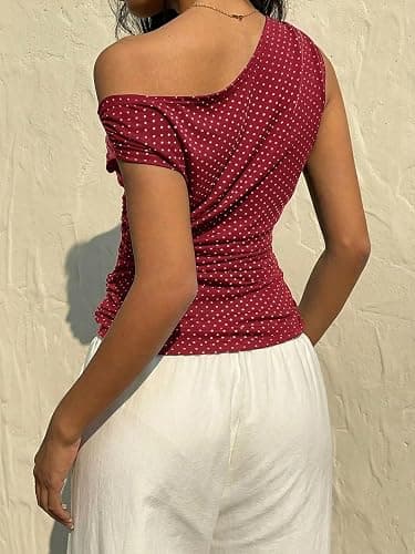 EMMIOL Off Shoulder Tops for Women Cute Sleeveless Polka Dot Shirts Ruched Sexy Going Out Tank Top Y2K Clothes thumbnail 2