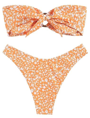 ZAFUL Women's Bandeau Bikini O Ring Strapless Tie Back High Cut Two Piece Swimsuit Bathing Suits thumbnail 2