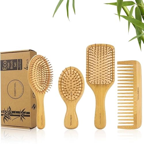 DEBETOOL Bamboo Hair Brush Set, Natural Wooden Bamboo Comb Paddle Detangling Hairbrush for Hair Growth - Wide-tooth and Tail Comb Suitable for Thick/Thin/Curly/Dry Hair - Image 1