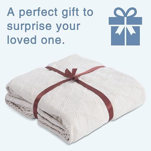 Knit Cotton Throw Blanket Cable Throw 50 x 70 Inch Soft All Season Breathable for Couch Chairs Bed Beach Home Decorative with Silk Bow Tie Package (Beige, Diamond Pattern) thumbnail 5