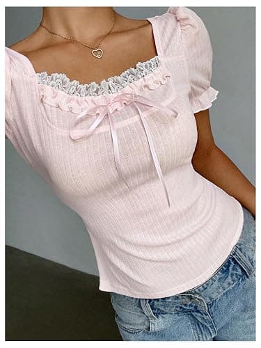 SOLY HUX Women's Cute Lace Puff Sleeve Tops Y2k Tie Front Square Neck Ribbed Knit Coquette T Shirts thumbnail 3