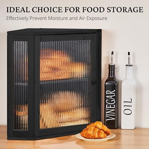 BRONYPRO Double Layer Corner Bread Box for Kitchen Counter with Height-adjustable Partition, Large Black Bamboo Wooden Bread Box for Multiple Loaves, Modern Breadbox for Kitchen Countertop thumbnail 7