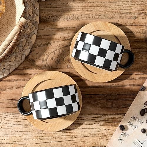 LUKA 6 Ounce Ceramic Stackable Black and White Checkered Espresso Cups with Saucers and Metal Stand Set of 4, Cappuccino Cups Set for Coffee Drinks, Latte, Cafe Mocha and Tea, Black Interior thumbnail 2