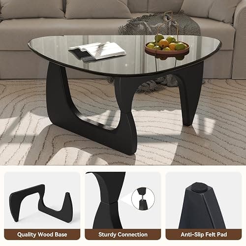 Daluvenix Modern Glass Coffee Table, Triangle Center Table with Tempered Glass Top& Unique Wooden Base, 42.5” Mid Century Tea Tables for Living Room, Apartment, Office,Black & Grey thumbnail 5