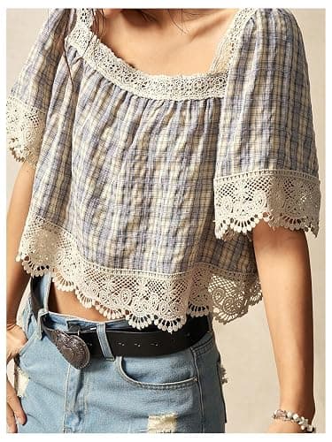 SHENHE Women's Plaid Blouse Crochet Lace Square Neck Cottagecore Crop Top | Boho, Short Sleeve, Vacation Outfits, Loose FIt, Oversized, Peplum Top thumbnail 4