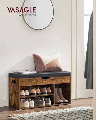 VASAGLE Shoe Bench with Cushion, Storage Bench with Padded Seat, 3 Compartments, Hidden Storage, Shelves, Living Room Lounge Hallway Bedroom, Load Capacity 150 kg, Rustic Brown LHS30BX thumbnail 2