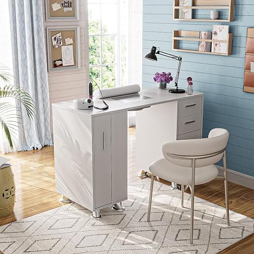 Manicure Table, Nail Tech Desk with Dust Collector, Acetone Resistant Nail Table Station with 4 Dust Bags & Wrist Rest, Beauty Salon Nail Supplies Workstation with Drawers Storage Cabinets, White thumbnail 7