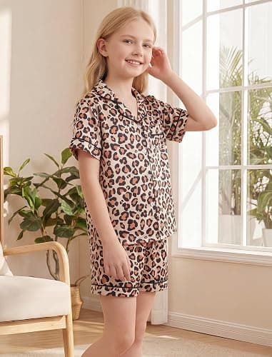 Mikrdoo Girls Pajamas 2 Piece Summer Soft Silk Satin Short Sleeve Pajama Set Cute Pjs Sleepwear for Kids Size 6-16 Years thumbnail 3