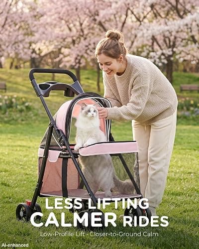 GTPLAYER Foldable Pet Stroller for Small Dogs and Cats, Holds Up to 33 lb, 4 Wheel, Full Mesh Ultra Breathable, Safety Tethers, Cup Holder & Poop Bags Included, Pink thumbnail 5