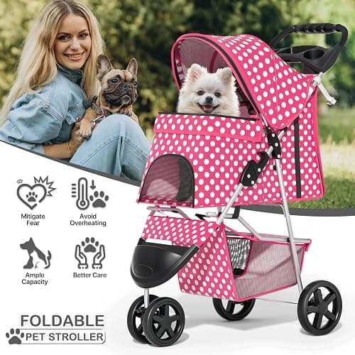MoNiBloom 3 Wheels Pet Dog Cat Stroller for Small Medium Dogs Cats, Foldable Jogger Stroller w/Storage Basket and Cup Holder, Hot Pink Polka Dots thumbnail 3