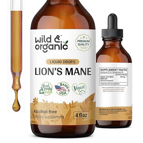 Wild & Organic Lion's Mane Tincture - Brain Supplements for Focus - Lions Mane Liquid for Brain - Lion's Mane Mushroom Supplement - Mushroom Drops for Brain Health Support - Lions Mane Supplement 4 oz - Image 1