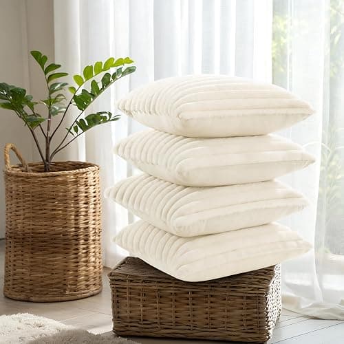 decorUhome Set of 4 Faux Fur Throw Pillow Covers 18x18 Inch Decorative Farmhouse Modern Soft Plush Striped Couch Pillow Covers with Velvet Back for Sofa, Bed, Living Room, Cream White thumbnail 7