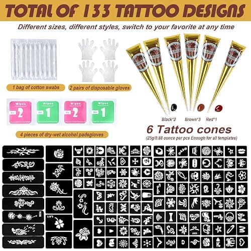 PFARRER 147 Pcs Henna Tattoo Kit, 6 Cones with 133 Stencils | 6 Henna Cones (3 Brown, 2 Black, 1 Red), 133 Stencils, 4 Gloves, 4 Wipes. Natural Plant-Based. Party, Festival, Gift thumbnail 2