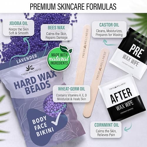 Tress Wellness Waxing Kit for Sensitive Skin – Safe for Face & Skin, Prep & Aftercare Wipes, Easy to Use – At-Home Kit for Face, Bikini, Brazilian & Full Body - Black, No Display thumbnail 4