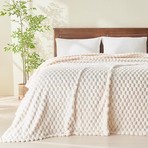 NEWCOSPLAY Super Soft Queen Blanket Ivory Premium Silky Flannel Fleece 3D Clouds Stylish Jacquard Lightweight Bed Blanket All Season Use 350GSM (Ivory, Queen(90"x90")) thumbnail 2