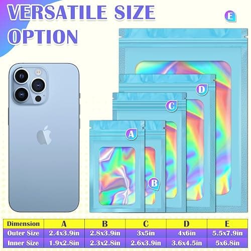JETMORE 300 Pcs Mylar Bags, Smell Proof Bags Foil Pouch, Holographic Resealable Bags for Small Business, Candy Sample Jewelry Bag Sealable Packaging for Party Favor Food Storage (3x5in-Blue) thumbnail 6