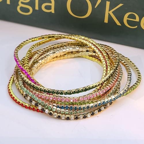10Pcs Stretch Crystals Tennis Bracelets Set for Women Dainty Handmade Cubic Zirconia Stackable Bracelet to Women Daughter Mom Unique Jewelry Gift - Gold thumbnail 7