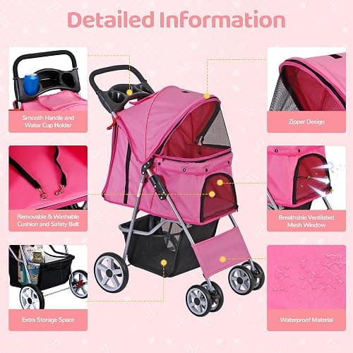 ZENY Foldable Pet Stroller, Cat/Dog Stroller with 4 Wheel, Pet Travel Carrier Strolling Cart with Storage Basket, Cup Holder (Pink) thumbnail 7