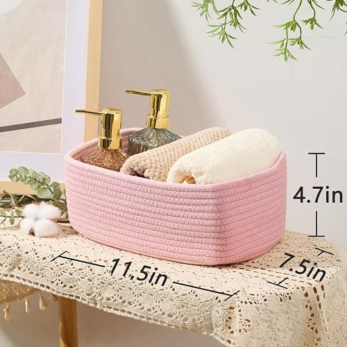 MiniArk Small Storage Baskets for Organizing | Closet Organizer Bins | Shelf Toy Basket | Woven Rope Baskets | Cube Decorative Box | Shallow Basket | 11.5x7.5x4.7” | 3 Packs Light Pink thumbnail 3