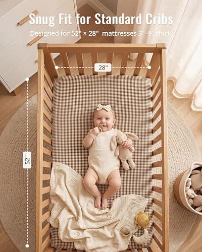 Blissful Diary Muslin Crib Sheets, 2 Pack, Beige Gingham & Brown Gingham | fitted for 52''x28'' crib mattress, soft and breathable cotton, boho style, easy care for machine wash, gift for boy and girl thumbnail 3