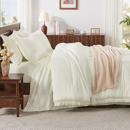 Andency Ivory King Size Comforter Set with Sheets - 7 Pieces Boho Tassel Bed in a Bag Soft Lightweight Bedding Sets, Ivory Fringe Bed Set with Comforter, Sheets, Pillowcases & Shams thumbnail 3