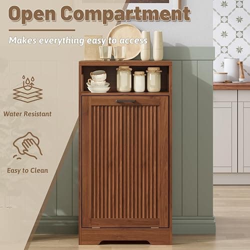 jmhdyg Pet-Proof Single 13 Gallon Tilt Out Trash Can Cabinet with Open Storage – Hide Garbage & Recycling Bins to Keep Your Kitchen Clean and Organized,Walnut thumbnail 5
