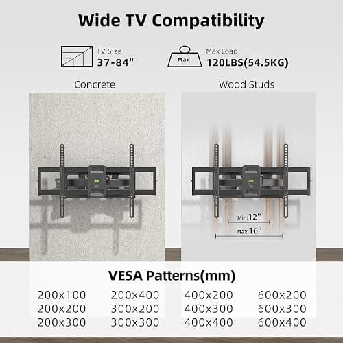 Full Motion TV Wall Mount for Most 37"-84" Flat Screen TV, Swivel or Tilt Wall Bracket with Dual Articulating Arms, for 12"-16" Wood Studs, Max VESA 600x400mm, Load 120 lbs by USX MOUNT thumbnail 6