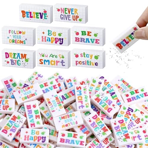 Dunzoom 100 Pcs Inspirational Pencil Erasers Bulk for Kids Fun Motivational Eraser School Supplies Back to School Office Supplies for Classroom Office Teacher Artists (Lovely) - Image 1