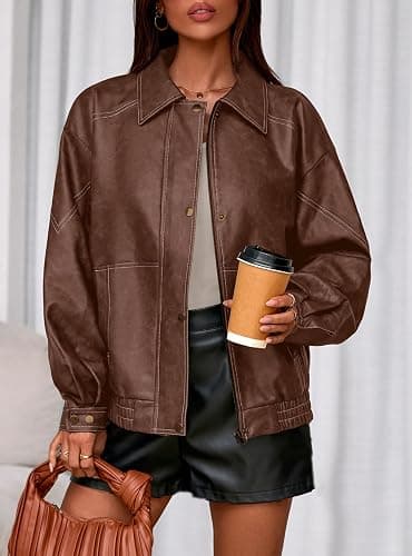 PRETTYGARDEN Leather Jacket Women Faux Oversized Coat | Motorcycle Bomber Fall Jackets Trendy, Fashion Going Out Outfits, Travel, Winter Clothes, Zip Up Outerwear thumbnail 5