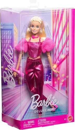 Barbie Deluxe Style Doll #5 in Metallic Pink Outfit, Blonde Hair, Sparkly Corset Top and Shiny Pants with Accessories Like Rose Necklace and Handbag thumbnail 7