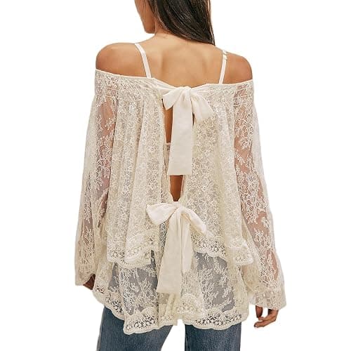 Women Sheer Lace Off The Shoulder Tops Lantern Long Sleeve Tiered Lacy Tops Loose See-Through Blouses thumbnail 2