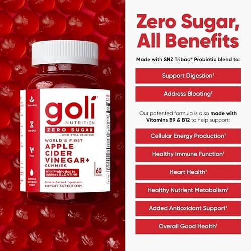 Goli Zero Sugar Apple Cider Vinegar Gummies - ACV with Vitamin B12 and Probiotics - No Sugar Alcohols - Vegan, Keto-Friendly, Gluten-Free thumbnail 2
