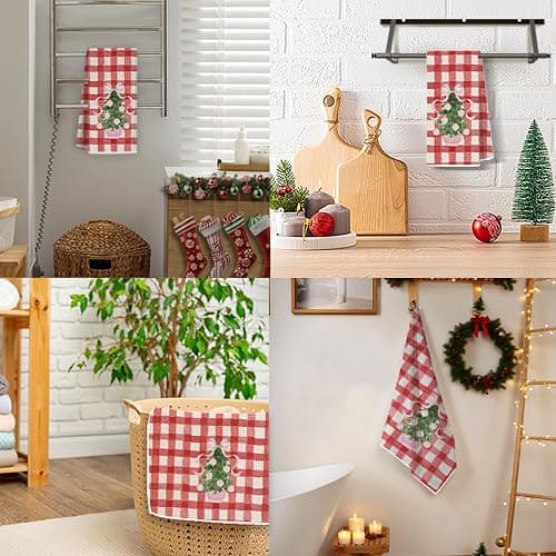 JINYO Red Buffalo Plaid Chinoiserie Christmas Kitchen Towels, Coquette Pink Bow Christmas Tree Decorative Hand Towels for Bathroom Kitchen, Grandmillennial Xmas Dish Tea Towel, 16x24 Inch thumbnail 4