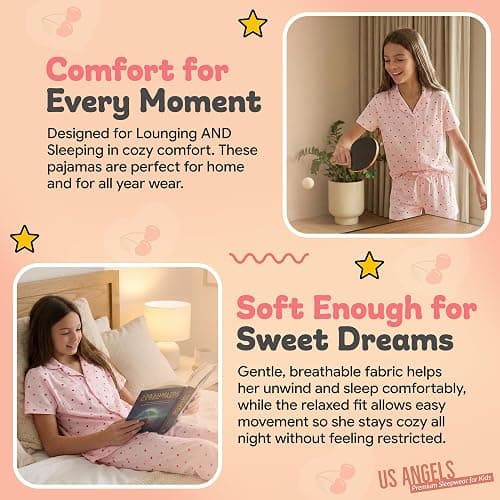 US Angels Girls Pajama Set 3 Piece, Short Sleeve Button Down PJs with Shorts & Pants, Soft Sleepwear Girls & Tweens Size 5-16 thumbnail 5