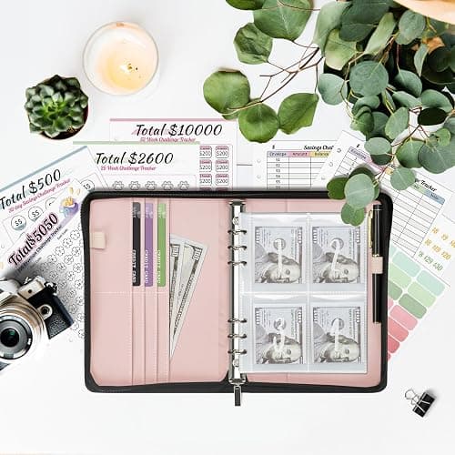 Ospelelf Money Saving Binder Savings Challenge Book with 100 Envelopes Zipper Closure Leather 52 Weeks Budget Planner to Save $10000 $5050 Gold-Flecked Off-White thumbnail 2