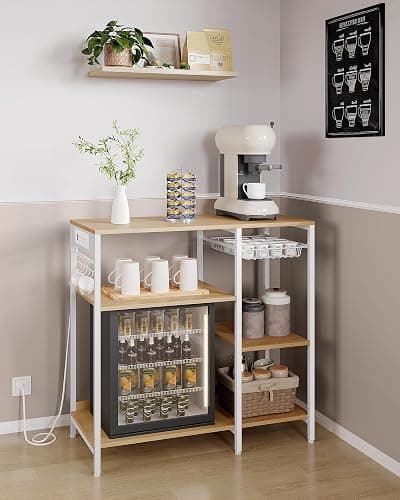 VASAGLE Baker's Rack, Coffee Bar Stand with Charging Station, Storage Shelves, Pull-Out Wire Basket, Table for Microwave, Kitchen, Oak Beige UKKS036Y09, 15.7 x 35.4 x 35.6 Inches thumbnail 4