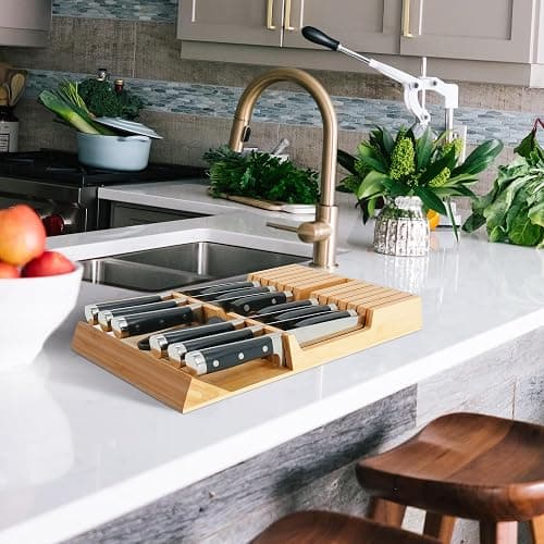 Utoplike in-Drawer Knife Block Bamboo Kitchen Knife Drawer Organizer, Handle Steak Knife Holder Without Knife, Fit for 12 Knives and 1 Sharpening Steel (Knives Not Included) thumbnail 2