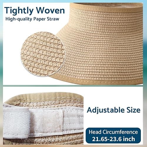 NPJY Sun Hats for Women Wide Brim Roll-Up Beach Ponytail Hat Packable Foldable Travel Straw Visor thumbnail 6