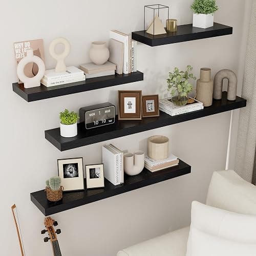 fuqing Floating Shelves for Wall - Black Wood Wall Shelves Set of 3 - Modern Style Wooden Shelves for Room Decor & Storage thumbnail 2